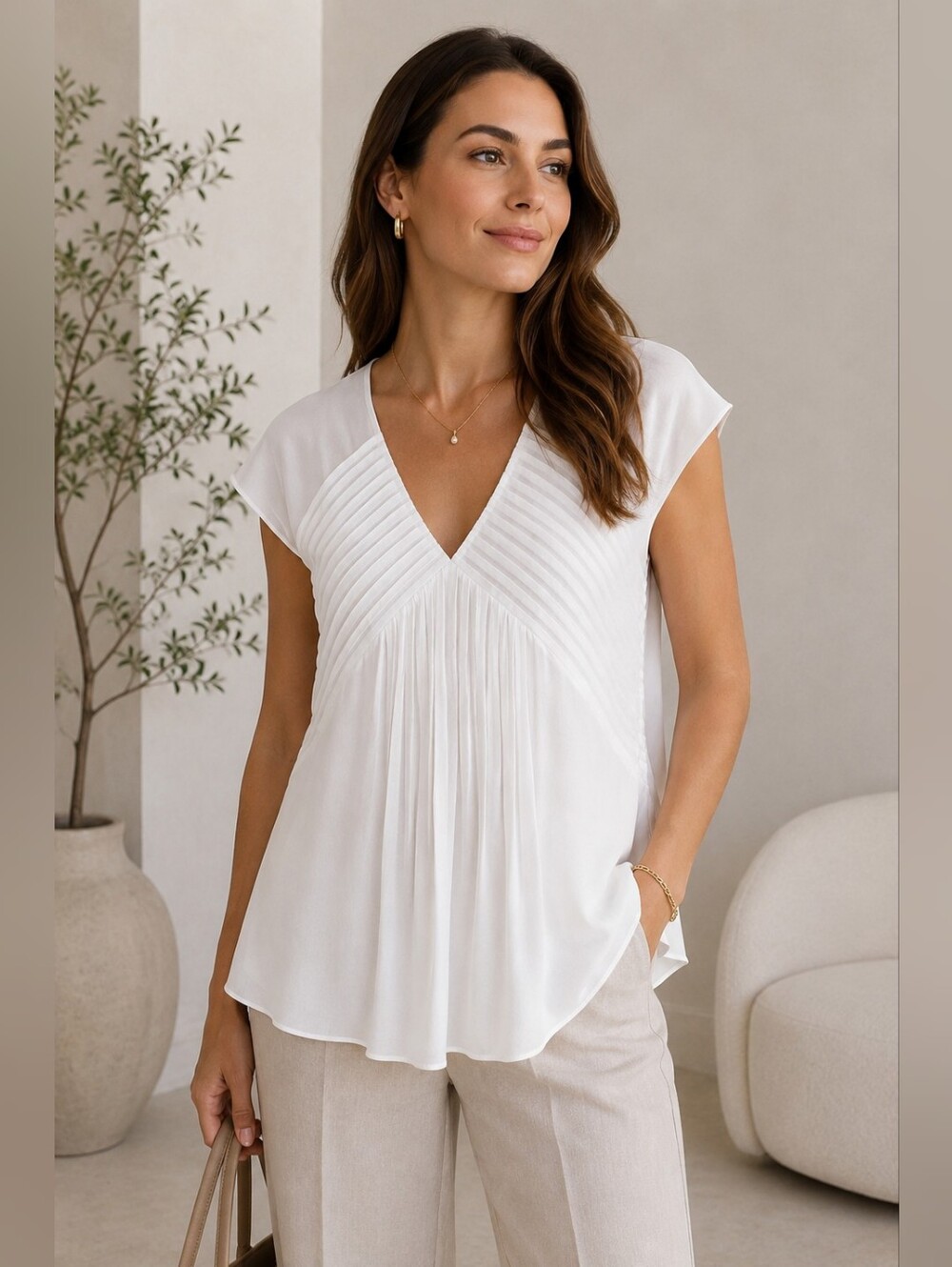 V Cristina XL White Minimalist Pleated Blouse | Quiet Luxury | Classic Chic |